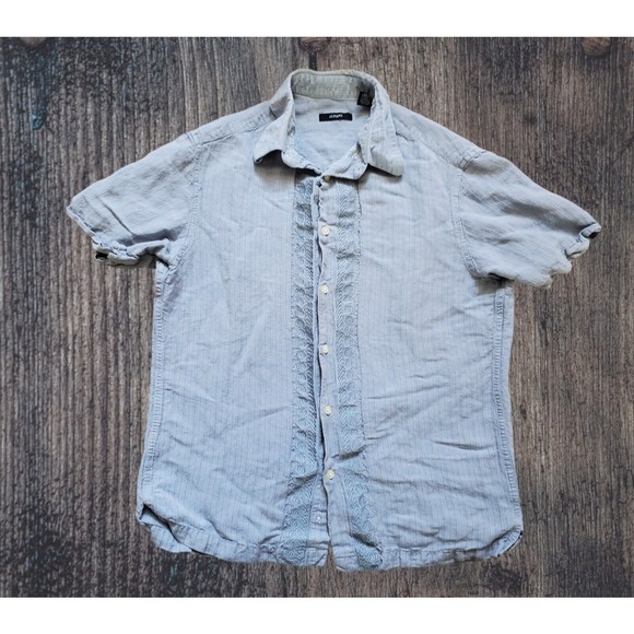 Alfani Mens Small Linen Blend Shirt Blue Embroidered Pinstriped Short Sl… - Picture 6 of 6